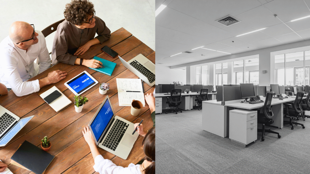 Small collaborative team working together contrasted with large empty corporate office, illustrating choosing the right technology partner over brand size