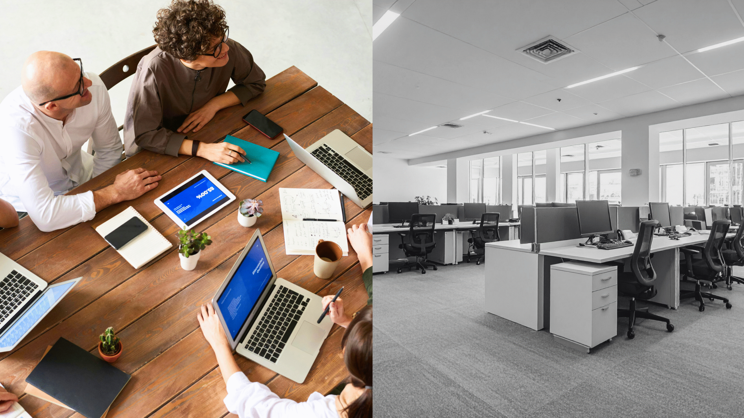 Small collaborative team working together contrasted with large empty corporate office, illustrating choosing the right technology partner over brand size