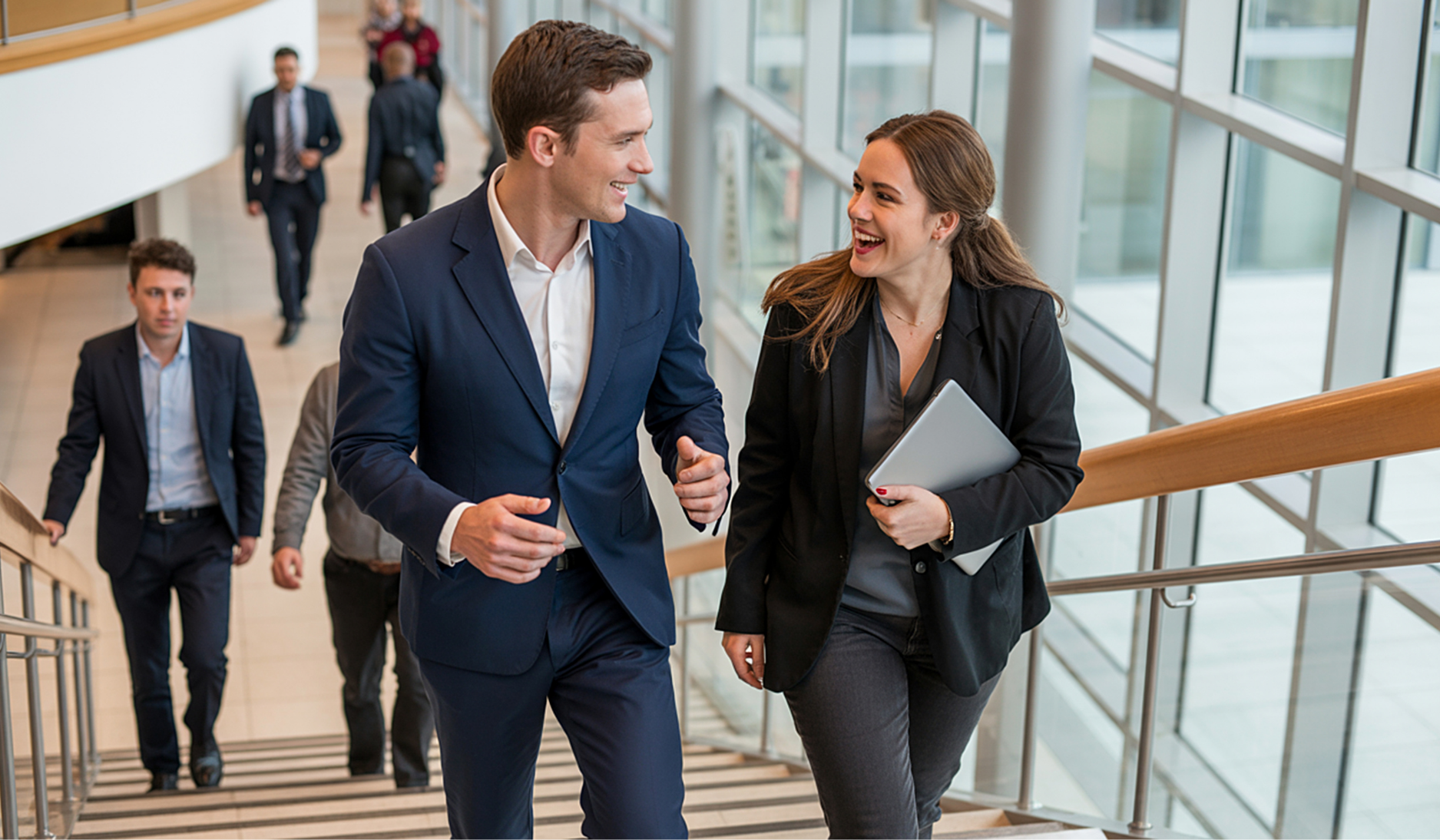 Two business professionals walking up a staircase in a modern office building, laughing and engaged in conversation. One carries a laptop, representing the career transition of experienced K-12 IT leaders moving from district roles to EdTech solutions providers.